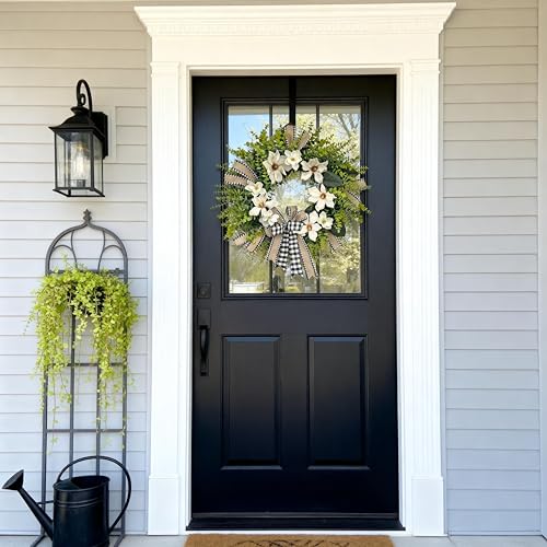 24-Inch Magnolia Wreath with Buffalo Plaid Bow | Farmhouse Front Door Decor