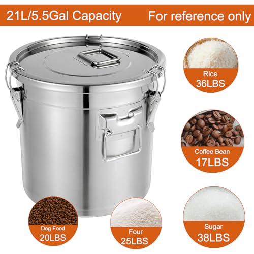21L Food Storage Container - 5.5Gal Stainless Steel Airtight Food Storage Bin with Lid