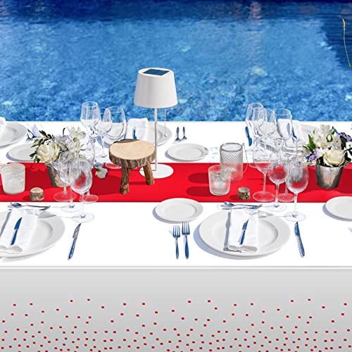 White and Red 16-Pack Disposable Plastic Tablecloths & Satin Table Runner Set for Weddings & Parties