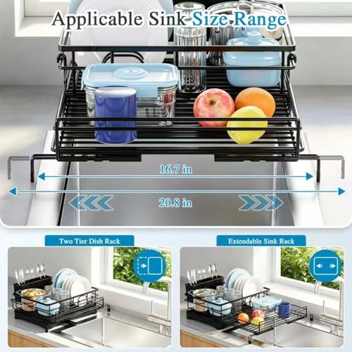 Black Double-Tier Extendable Dish Drying Rack with Drainboard & Utensil Holder