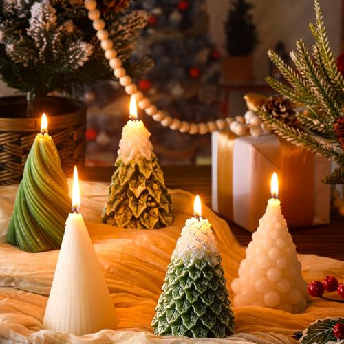Conelist Christmas Tree Candles Set - Scented Soy Wax Snowy Swirl Decor, 5 Pack