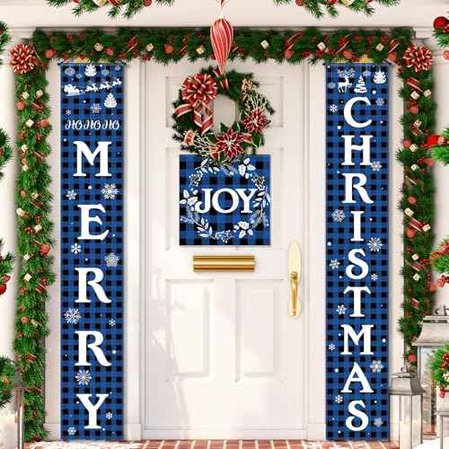 Tatuo 3 Piece Merry Christmas Porch Signs Christmas Buffalo Plaid Porch Banner Xmas Party Front Door Sign for Holiday Home Indoor Outdoor Xmas Party Favor(Blue and Black)