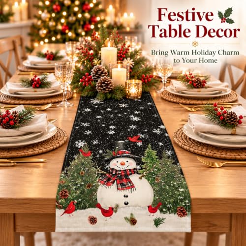 Black Snowman Xmas Tree Christmas Table Runner 13x72in Birds Snowflakes