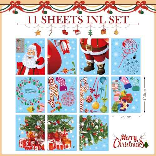 DIY Christmas Windows Stickers Wreath Snowflakes Santa Claus Xmas Tree Wall Window Clings Door Mural Decals Static Sticker for Showcase Winter Party Decorations (11 Sheets)