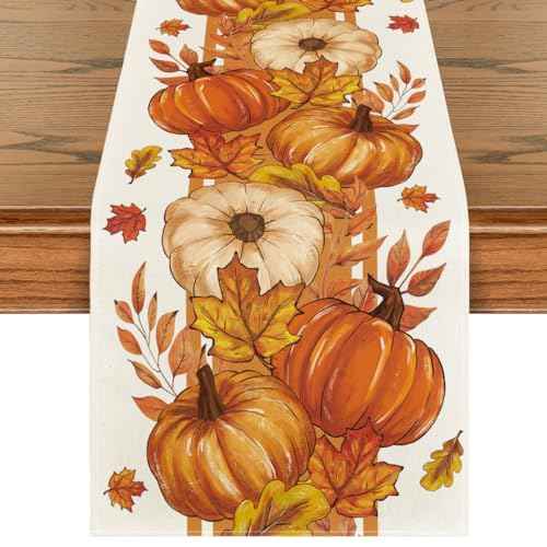 Artoid Mode Orange Pumpkin Maple Leaf Stripes Fall Table Runner, Seasonal Autumn Kitchen Dining Table Decoration for Home Party Decor 13x72 Inch