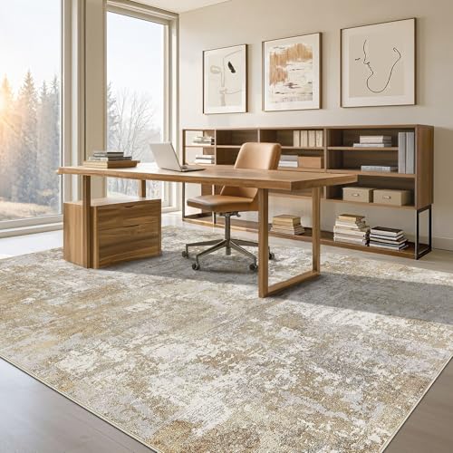 8' x 10' Washable Area Rug for Living Room - Modern Abstract Neutral Large Soft Non Slip Carpet - Beige Brown