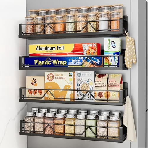 Mystozer 16.9 Inch Magnetic Spice Rack 4 Pack - Wide Black Refrigerator Storage