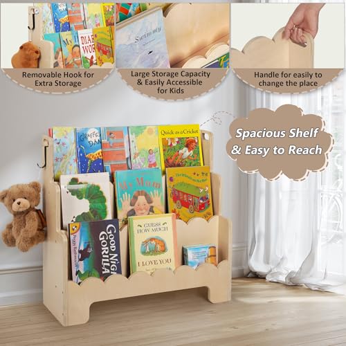 Tohiasen 3-Tier Kids Wooden Bookshelf, Scalloped Nursery Book Storage, Anti-Tip Design