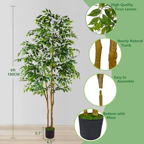 Warmplants 7ft Artificial Ficus Tree with Woven Basket - Realistic Fake Indoor Plant