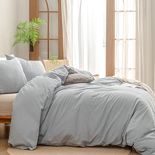 BESTOUCH Cotton Solid Duvet Cover Set Queen Cornflower Blue Linen Feel 90x90