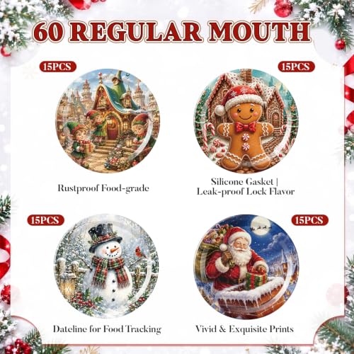 PullCrease 120 Pack Christmas Mason Jar Lids with Holiday Designs - Regular Mouth, Reusable, 70mm