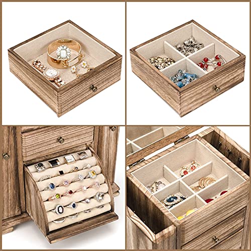 Rustic Brown Jewelry Box for Women, 4-Layer Wooden Organizer with Mirror