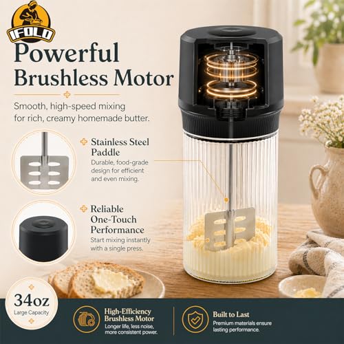 Electric Butter Churn with Stripes - 34oz Glass Jar, One-Touch Cream Maker