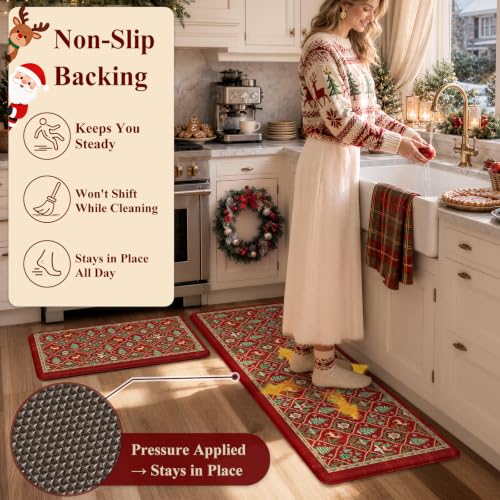Collive Red Elk Christmas Kitchen Anti-Fatigue Mats Set 17.3 x 47" + 17.3 x 29", 0.47" Thick