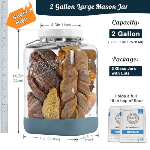 2 Gallon Glass Mason Jar with Airtight Lid - 2 Pack, Square Storage & Fermentation