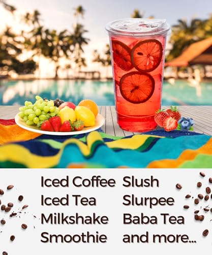 Aatriet 32 oz Clear Plastic Cups with Strawless Sip Lids - 100 Pack, Disposable To-Go Cups for Cold Drinks & Smoothies