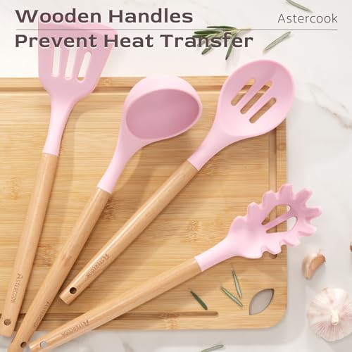 Silicone Kitchen Utensils Set 39 Pcs with Wooden Handles - Heat Resistant BPA-Free Pink