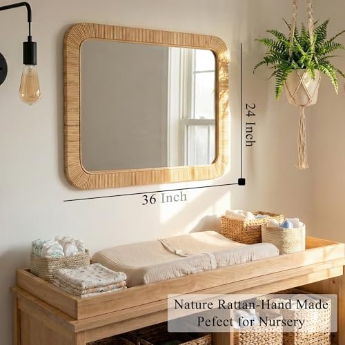 Inoseen Rattan Rectangular Wall Mirror 24x36 Boho Bathroom & Bedroom Decor
