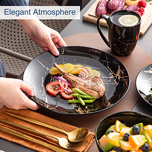 Black & Gold 16-Piece Dinnerware Set for 4 - Porcelain Plates Bowls Mugs