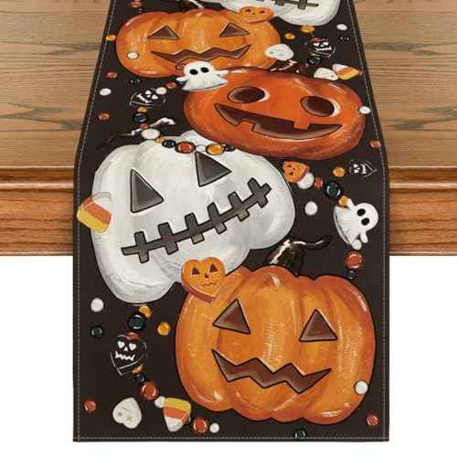 Artoid Mode Jack-O'-Lantern Pumpkins Spooky Black Halloween Table Runner, Candy Corn Kitchen Dining Table Decoration for Home Party Decor 13x108 Inch