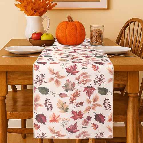 OWENIE Fall Table Runner for Kitchen Dining Table, Thanksgiving Autumn Printed Harvest Pumpkins Maple Leaves Textured Fabric Halloween Holiday Home Decorations, Water-Proof, Washable, 13" W x 90" L