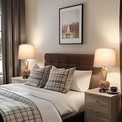 2-Pack 22-Inch Hemp Rope Bedside Lamps with USB Ports, 3-Color Temperatures, Rattan Nightstand Lights