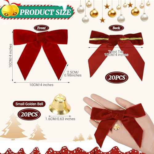 20PCS Velvet Bows Christmas Tree Decorations, 20PCS Jingle Bells & Twist Tie Bows for Crafts, Velvet Ribbon Christmas Bow for Gift Wrapping, Xmas Wreaths Garland, Wedding, Home Decors (Red)
