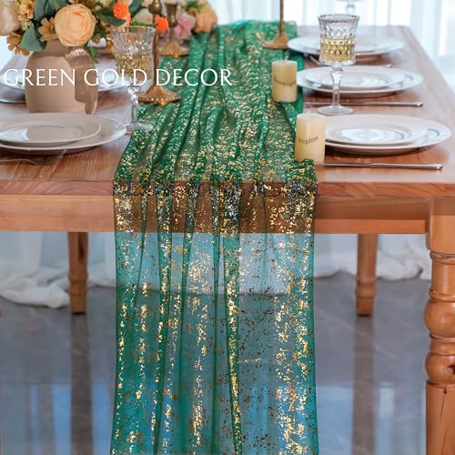 Green and Gold 10Ft Metallic Table Runner - Sheer Gauze Decor, Snowkingdom
