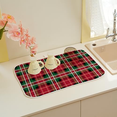 OFIRD Christmas Dish Drying Mat 18x24 in, Red Green Plaid — 24x24 Variant Included