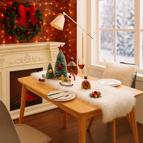 MeiSan Faux Fur White Table Runner 11.8x70.8 Inch for Holiday & Seasonal Decor