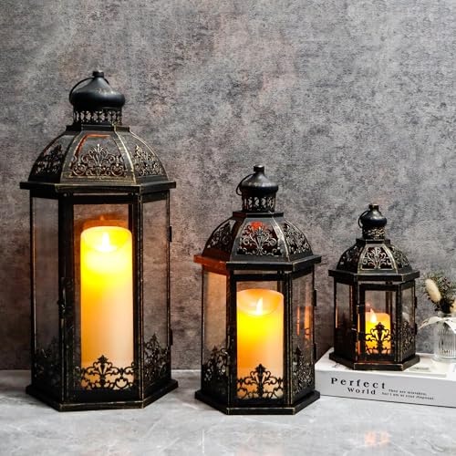19/13.5/9.5-inch Set of 3 Black & Gold Metal Candle Lanterns with Tempered Glass - Indoor & Outdoor Decor
