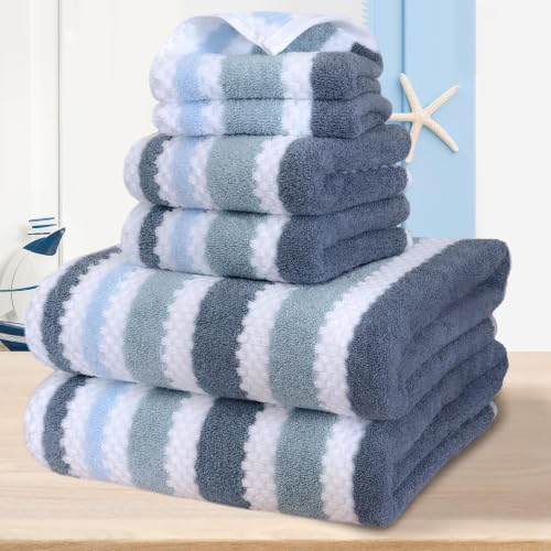6-Piece Cotton Blend Bathroom Towel Set - Blue Gray & White, Ultra Soft