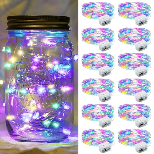 12 Pack Fairy Lights 7Ft 20 LED Twinkle String Lights 3 Modes Battery Operated Waterproof Firefly Starry for Mason Jar Party Wedding Christmas Valentines Day Table Centerpieces,Multicolor