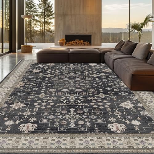 8x10 Charcoal Blush Ivory Washable Area Rug - Vintage Floral Design, Non-Slip, Pet & Kid Friendly