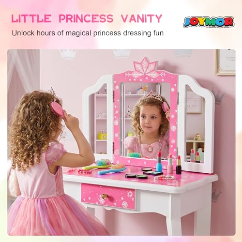 Pink Kids Vanity Set with Wooden Makeup Table & Stool, Tri-Folding Mirror, Large Drawer, Safe Sturdy Frame, Gift for Girls