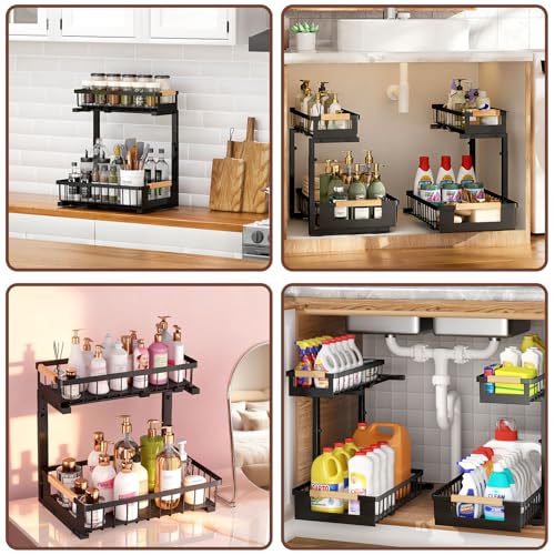 Under Sink Organizer 2 Pack Black - L-Shaped Pull Out Cabinets, Adjustable Metal Storage Rack