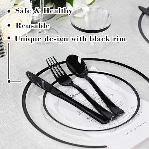 600PCS Clear Black Disposable Dinnerware Set for Parties - Heavy Duty, BPA-Free