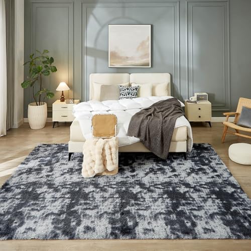 Floralux 9x12 Dark Grey Tie-Dyed Shag Rug for Living Room & Bedroom
