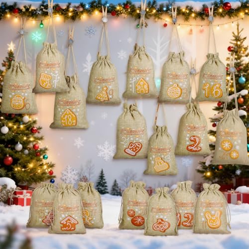 GWHOLE 24Pcs Empty Advent Calendar Bags to Fill Yourself, 24 Days Countdown to Christmas Burlap Bags with Drawstring, DIY Advent Calendar for Christmas Home Party Xmas Decorations
