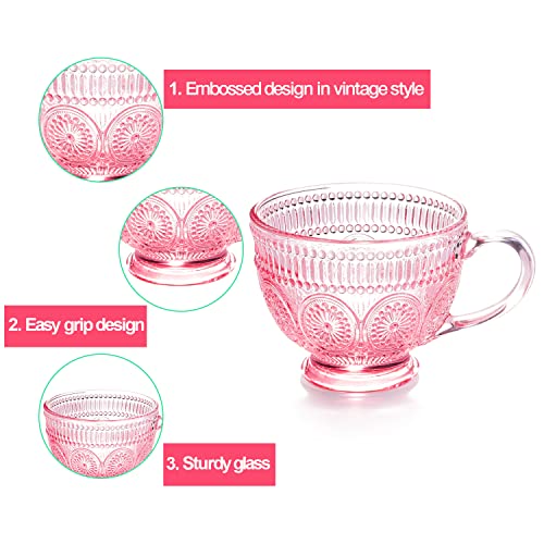 Vintage Glass Coffee Mug 14 oz Pink Embossed Handle - Set of 4