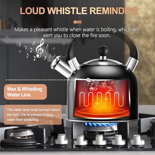 SUSTEAS Black 3.17QT Stainless Steel Whistling Tea Kettle for Stove Top