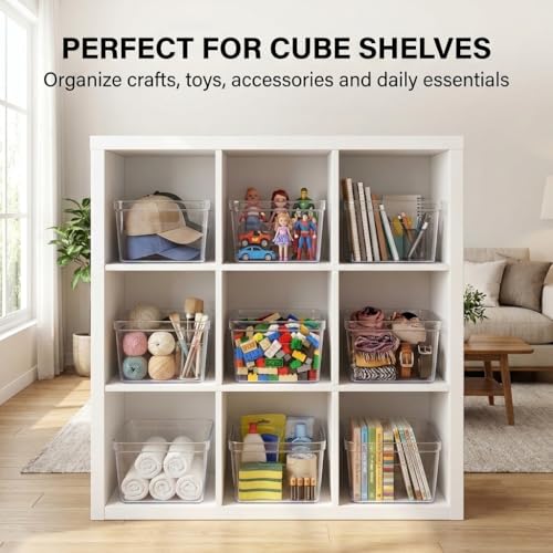 MOONEDGE 4-Pack 10x10x6 Clear Plastic Storage Bins with Handles - Food-Grade, Open Top Organizer