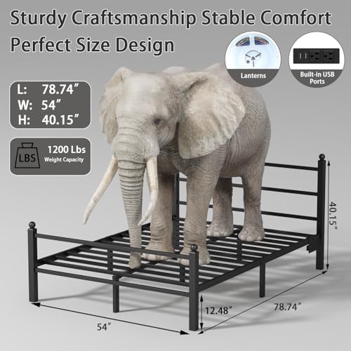 Full Size Bed Frame with Headboard & Footboard Black Metal Platform with LED & USB