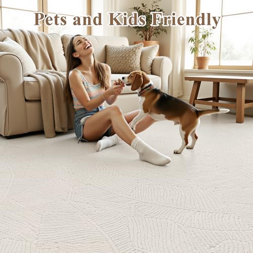 Washable Area Rug 6x9 ft - Beige Tropical Banana Leaf Pattern, Non Slip, Low Pile Home Decor