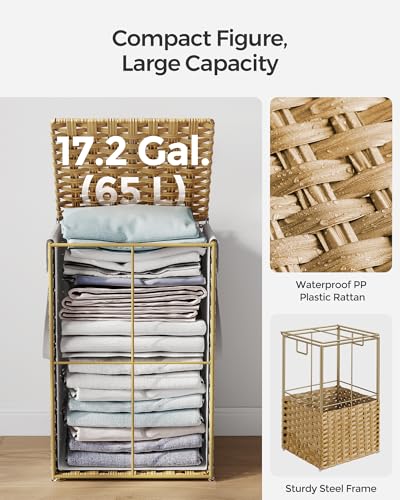 SONGMICS Laundry Hamper with Lid & Handles - 65L Synthetic Rattan, Foldable, Goose Yellow