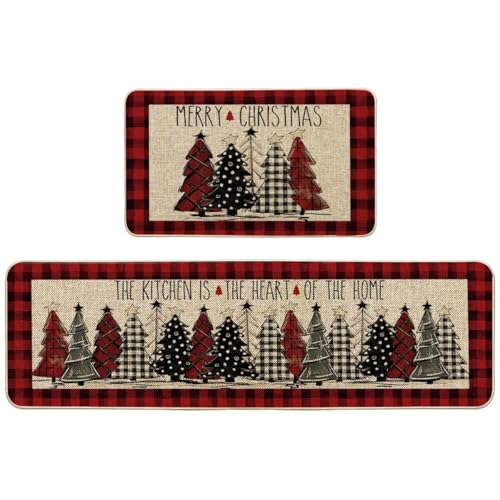 Artoid Mode Red Buffalo Plaid Xmas Tree Kitchen Mats Set of 2, 17x29 & 17x59 Inches