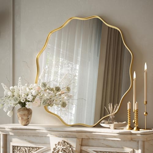 VooBang 24-Inch Gold Scalloped Wavy Edge Round Wall Mirror - Vintage Style