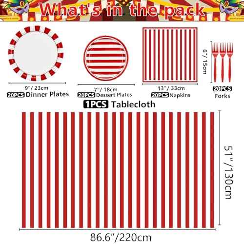 Carnival Circus Party Supplies, Red and White Strips Party Decorations, 81 Pcs Includes Plates, Napkins, Carnival Tablecloth, Forks, for Birthday, Carnival, Baby Shower, Christmas, Picnic, Serves 20