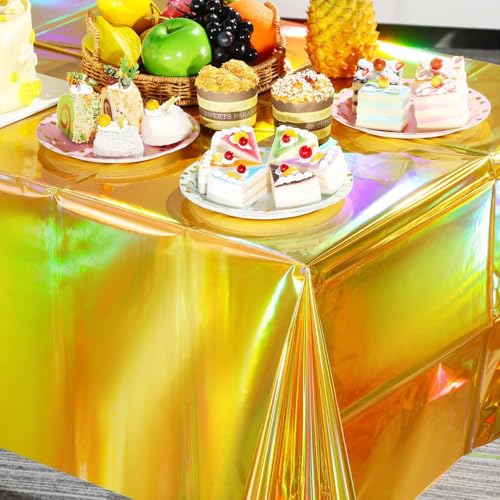 3 Pack Gold Disposable Tablecloths 54 x 108 in Shiny PET Plastic Party Covers