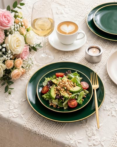 PULOTE Green Disposable Plates with Gold Rim - 100 Pack, Includes 50 Dinner 10.25-inch & 50 Dessert 7.5-inch for Parties & Christmas